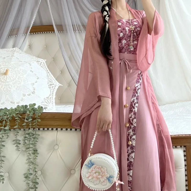 

Hanfu Mid-summer Rose Spinning Skirt China Traditional Antique Waist-high Han Elements Daily Summer Improvement Hanfu Women