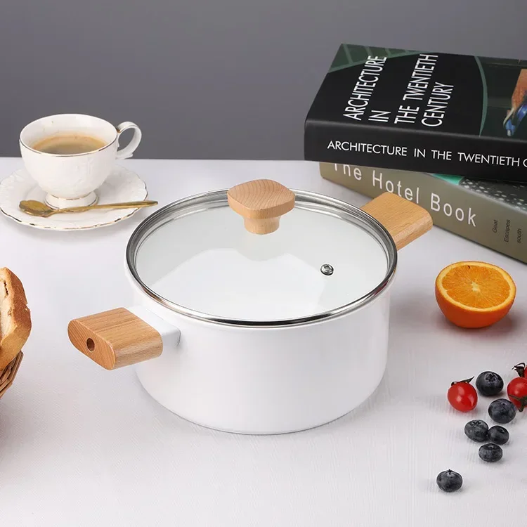 Double-sided Ceramic Non-stick Pot Japanese Style White Wood Grain Soup Three Frying Pan Combination Non Stick Cooking