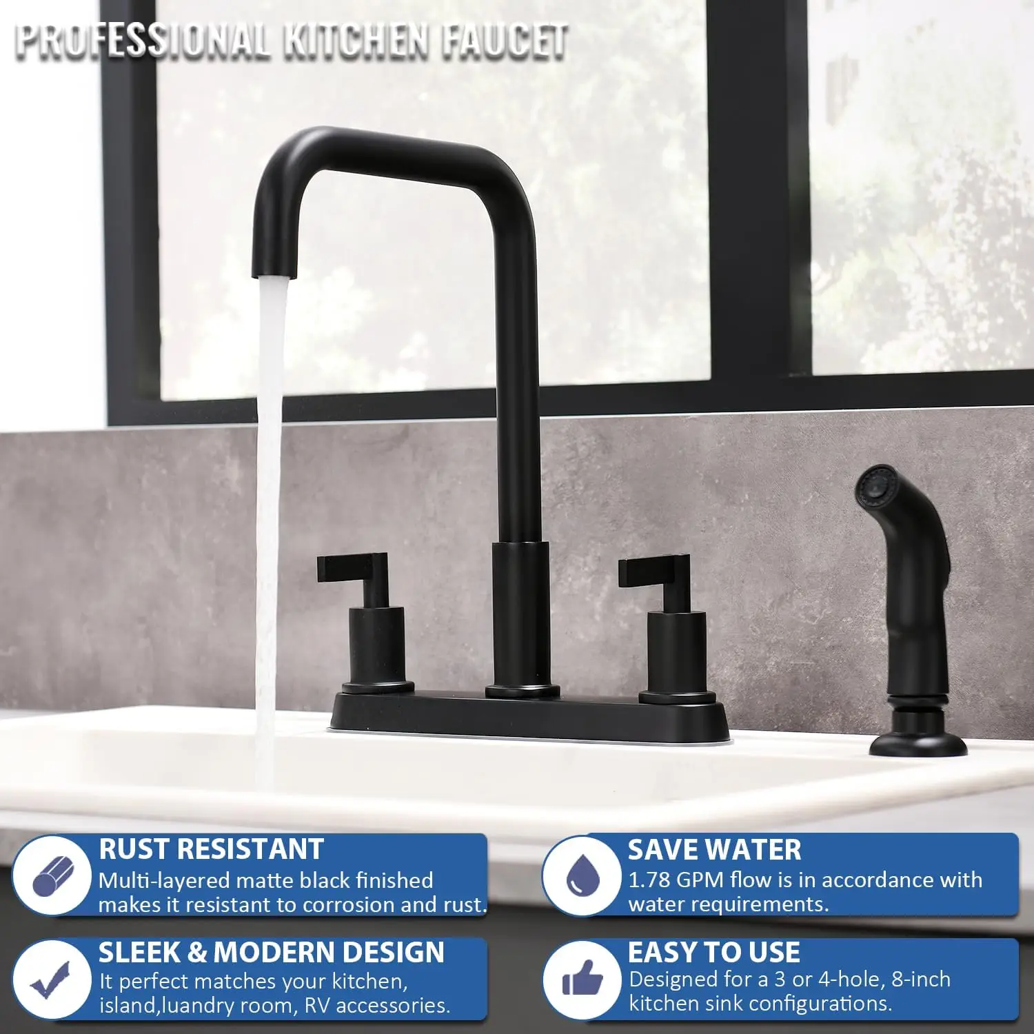 Black Kitchen Faucet with Sprayer, Matte Black 3/4 Hole Sink Faucet, Stainless Steel RV Laundry Kitchen Faucet KMF028B
