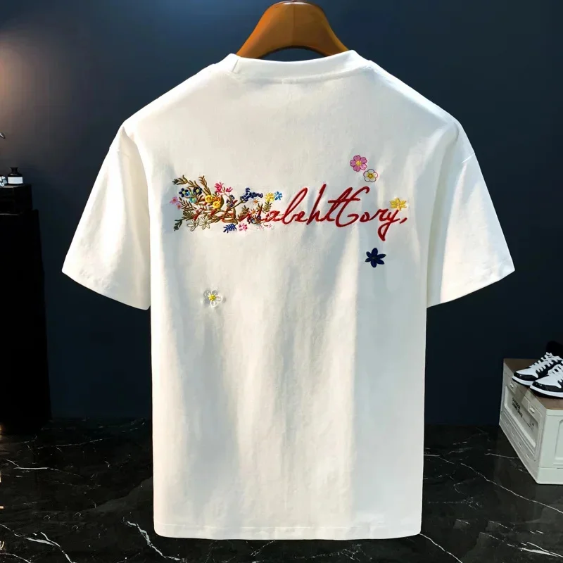

Handwritten floral embroidery short sleeved T-shirt for men, high-end fashion, loose fit, summer casual couple clothing