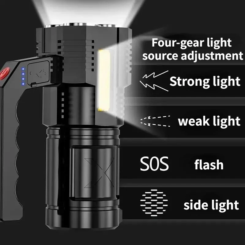 Projecteur LED d\'extérieur portable de patrouille, rechargeable par USB, avec éclairage latéral, lumière forte, longue portée