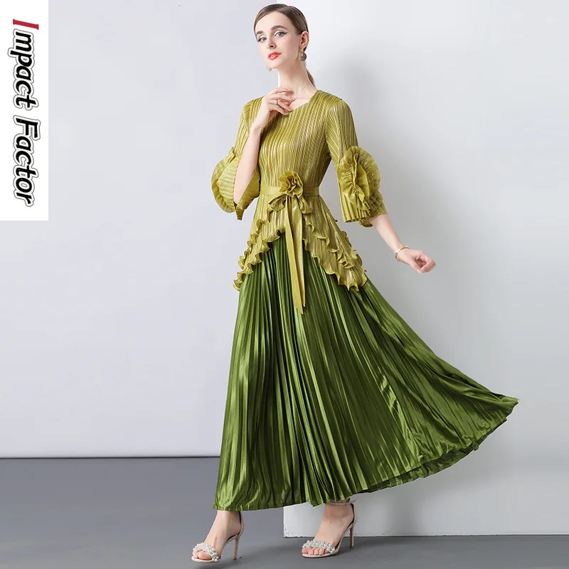 

Miyake Fashion Hot Stamping Folds Set Women's V Neck Lace Up Tops High Waist Long Skirt 2025 Summer New Tide