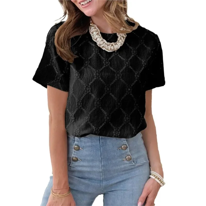 Round Neck Short-sleeved Loose Hollow Pullover Top For Womens Spring And Summer Formal Occasions Commuting Versatile Top T-shirt