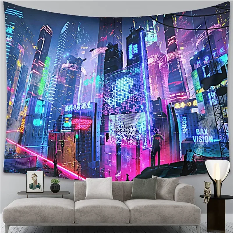 Cyberpunk Neo Futuristic Poster Tapestry Psychedelic Fantasy City Cyberspace Neon 