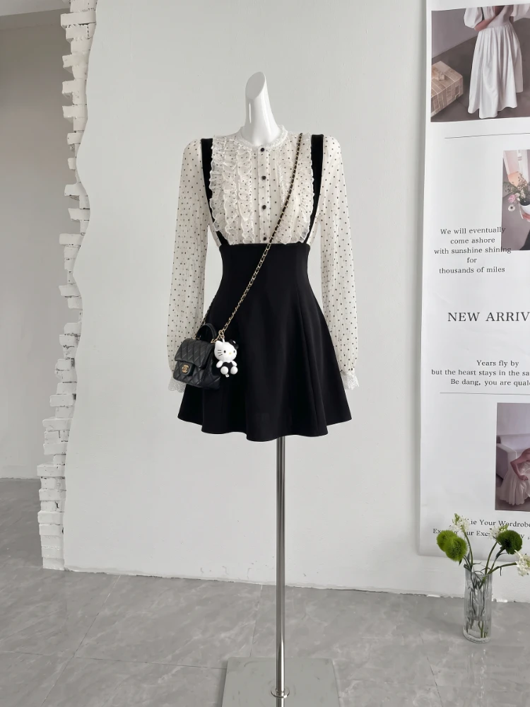 French Y2K Korean Style Elegant Polka Dot Puff Sleeve 2 Piece Set Women Summer Ruffle Tops + Black Suspender Skirt Party Outfits