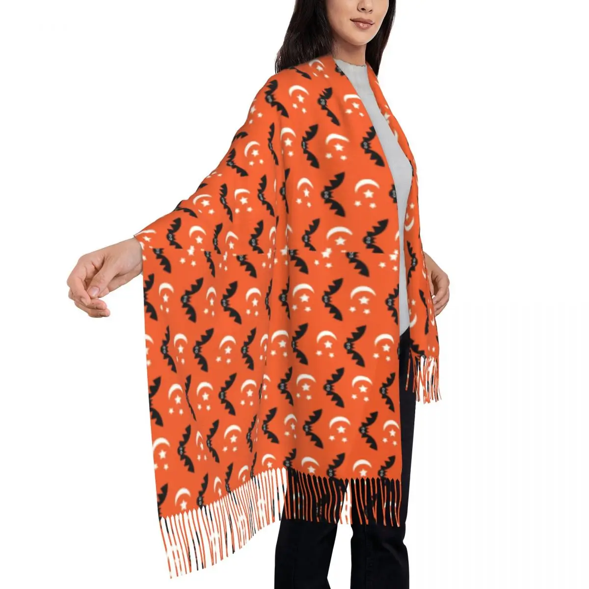 Halloween Scarf with Tassel Orange Black Bats Warm Soft Shawl Wrap Women Graphic Scarves Wraps Winter Casual Foulard