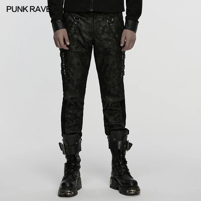 

PUNK RAVE Men's Punk Charm Distressed Mottled Printed Elastic Twill Woven Pants Metal Eyelet Straps Personality Dark Trousers