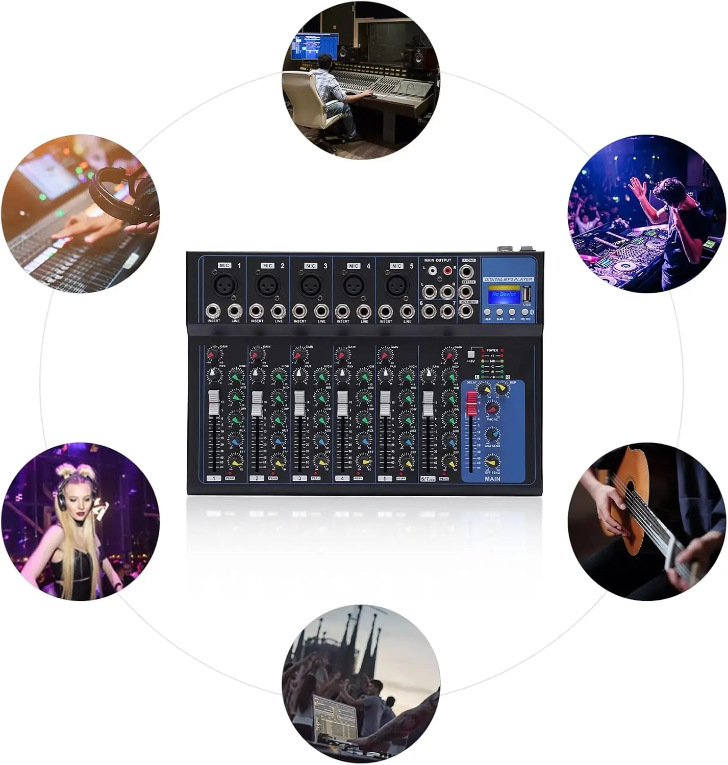 7 Channel Bluetooth Mixer Audio,Professional Portable Digital DJ Mixer W/USB Audio Interface-Mixing Boards for Studio Recording Stage,Live Gigs,Karaoke (7-Channel)