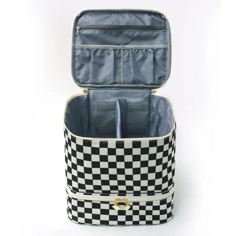 Checkered Double Layer Nail Polish Storage Bag Corduroy Large Makeup Bag Professional Manicure Tool Case