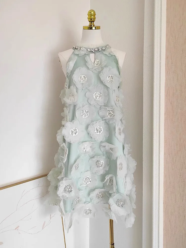 Uni vestido de festa de luxo de alta qualidade feminino halter sem mangas com zíper design faixas de cetim 3d floral lantejoulas vestido de noite