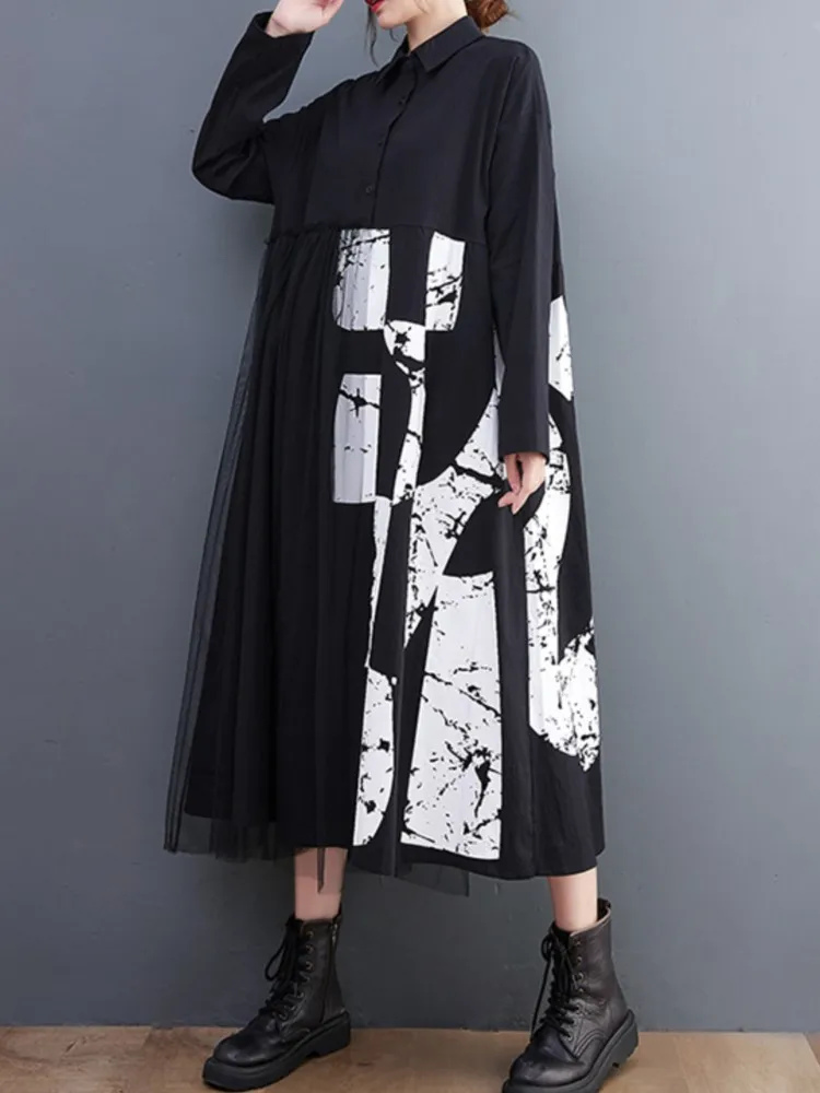 Oversized Autumn Midi Dress Women Print Mesh Patchwork Modis Ruffle Pleated Loose Ladies Dresses Casual Long Sleeve Woman Dress