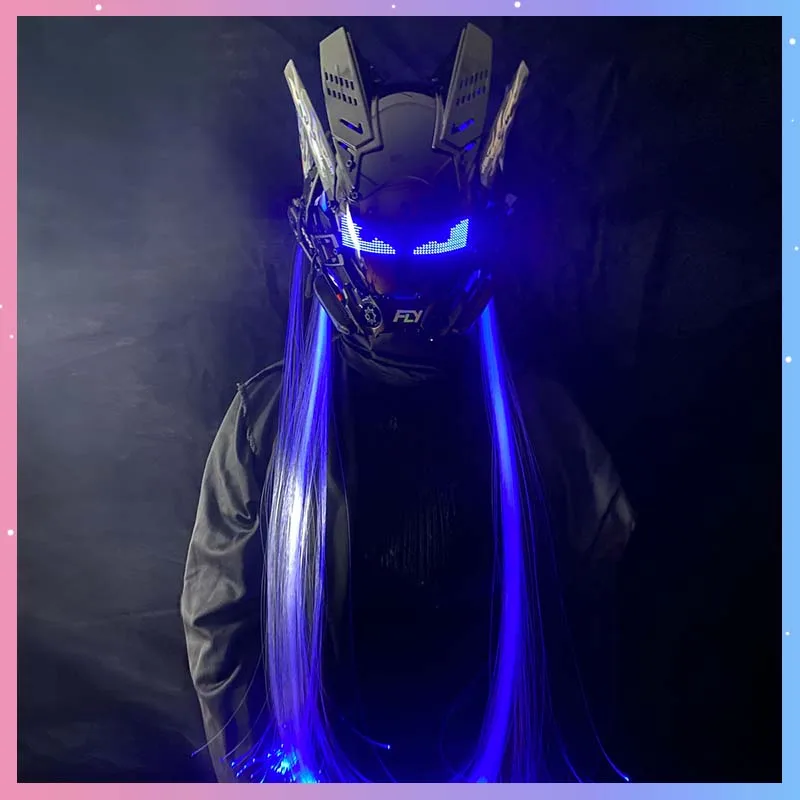 

Cyber Punk Mask Mech Warrior Helmet Cosplay Costumes With LED Screen With Light Braids Helmet Halloween Bar Party COS Props