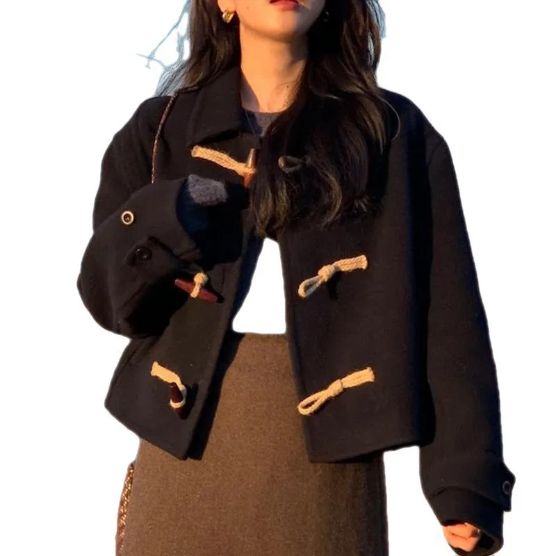 Retro temperament lapel horn buckle woolen coat loose short double-sided woolen coat women