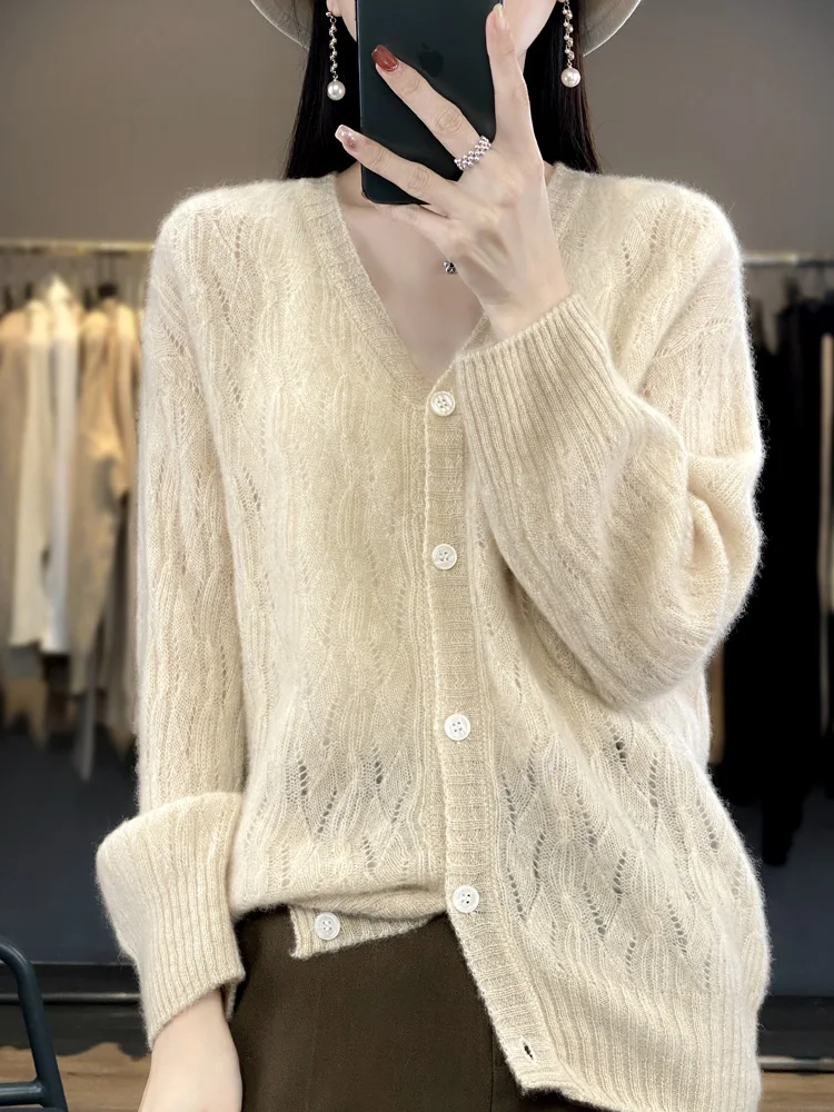 2024 Spring Summer Women Cardigan 100% Merino Wool Long Sleeve Knitted Sweater Fashion Casual Lady Coat V-Neck Loose Women Shirt