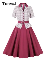 Tonval Plaid and Fuchsia Formal Peplum Dress Women Elegant 2024 Notched Collar Button Up Patchwork Vintage Midi Ladies Dresses