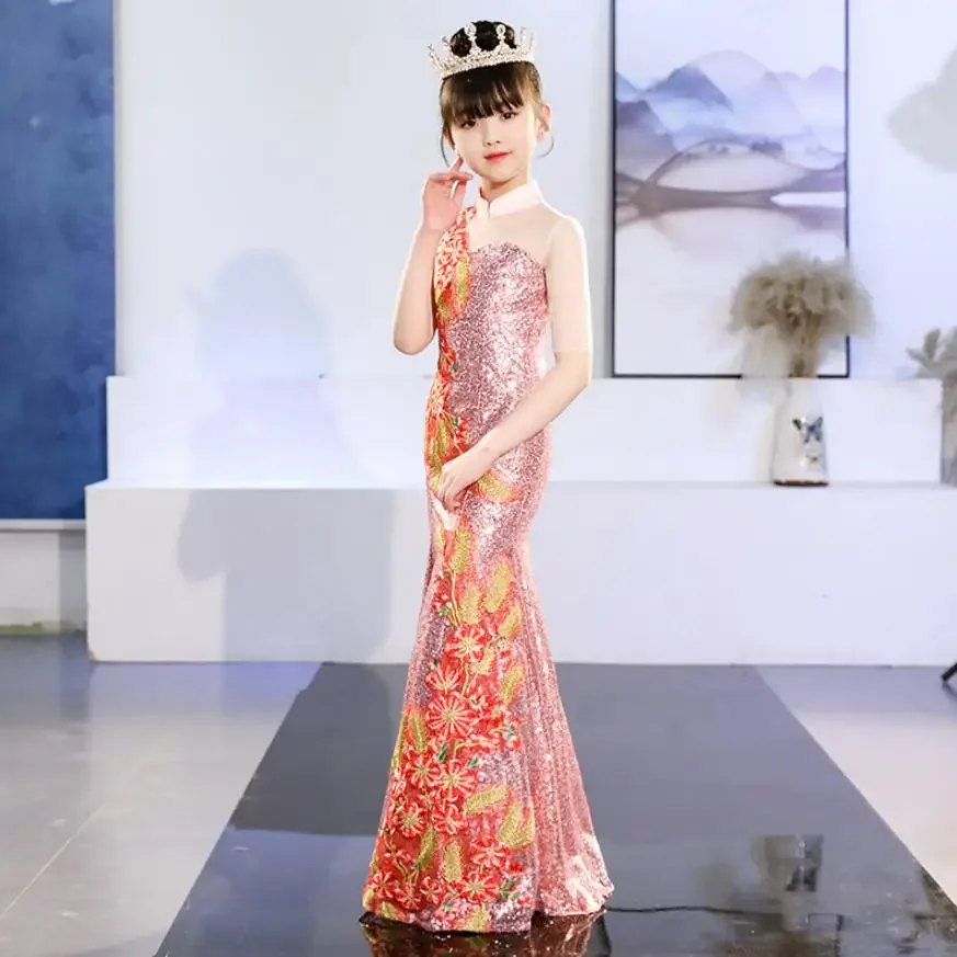 New children\'s cheongsam mermaid dress Kids Chinese style Catwalk costume sleeveless sequin print design Modis vestidos Y1544