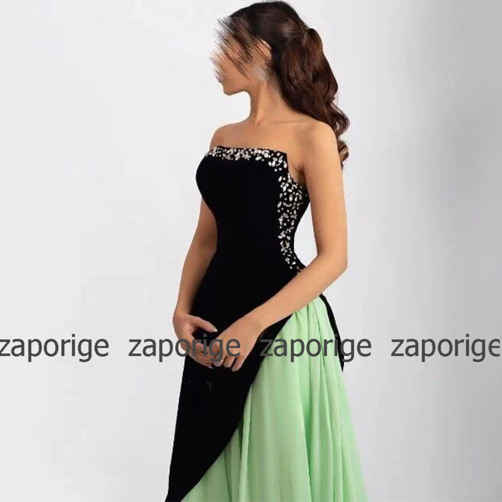 Contrast Color Formal Evening Dress Jersey&Chiffon Black And Mint Ruched Rhinestone Evening Dress A-line Strapless Long Dresses