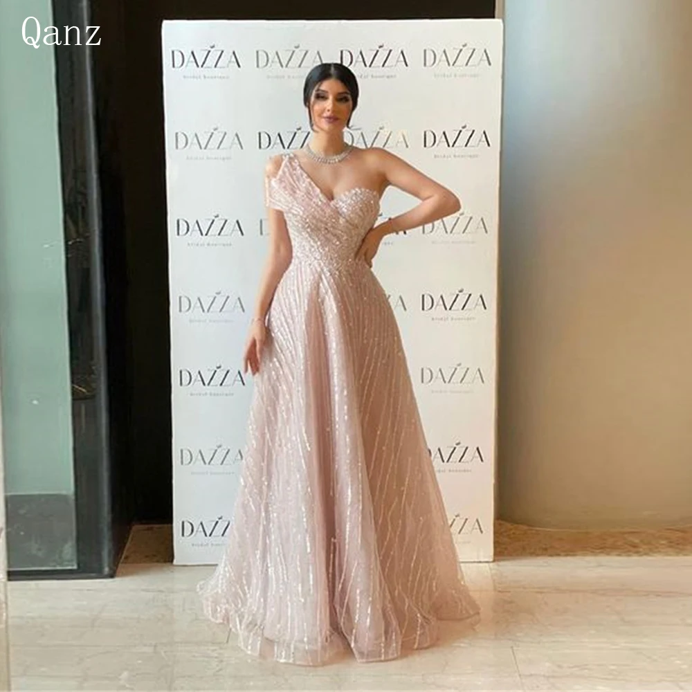 Qanz Pink Tulle Prom Dress Long A Line Sequined Luxury Dresses Evening Formal Occasion Dresses Abendkleider Dubai Customized