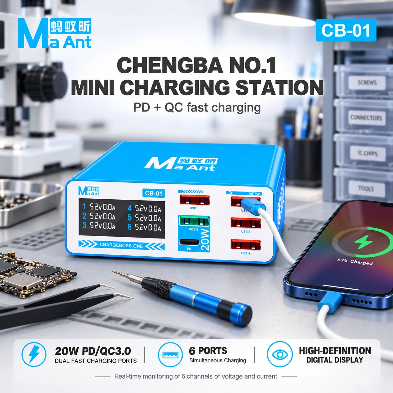 MaAnt CB-01 Mini Charging Station 6 Ports 20W PD/QC3.0 Dual Fast Charging with Digital Display for Phone Laptops Repair Desktop