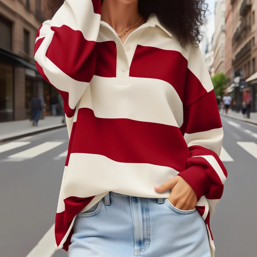 Kollektion 2025, gestreiftes Langarmshirt, klassischer Umlegekragen, lockere Herbst-Patchwork-Sweatshirts