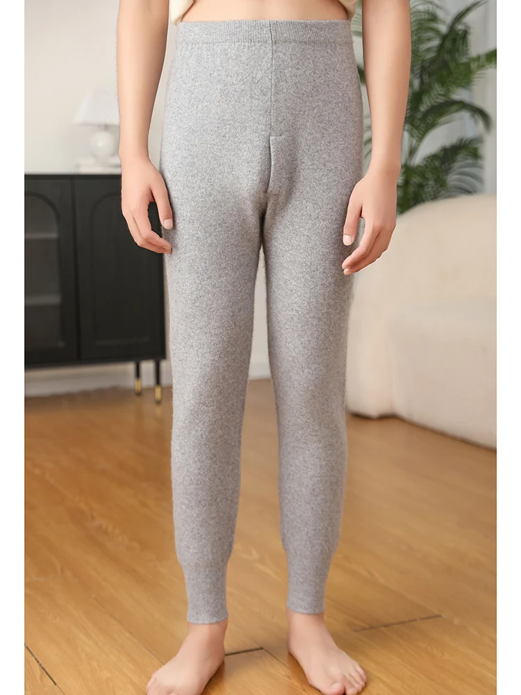 

Autumn Winter Stretchy Pants Men's Leggings 100% Cashmere Tights Pants Thermal Pencil Pants Warm Knit Bottom Wear Binding Foots