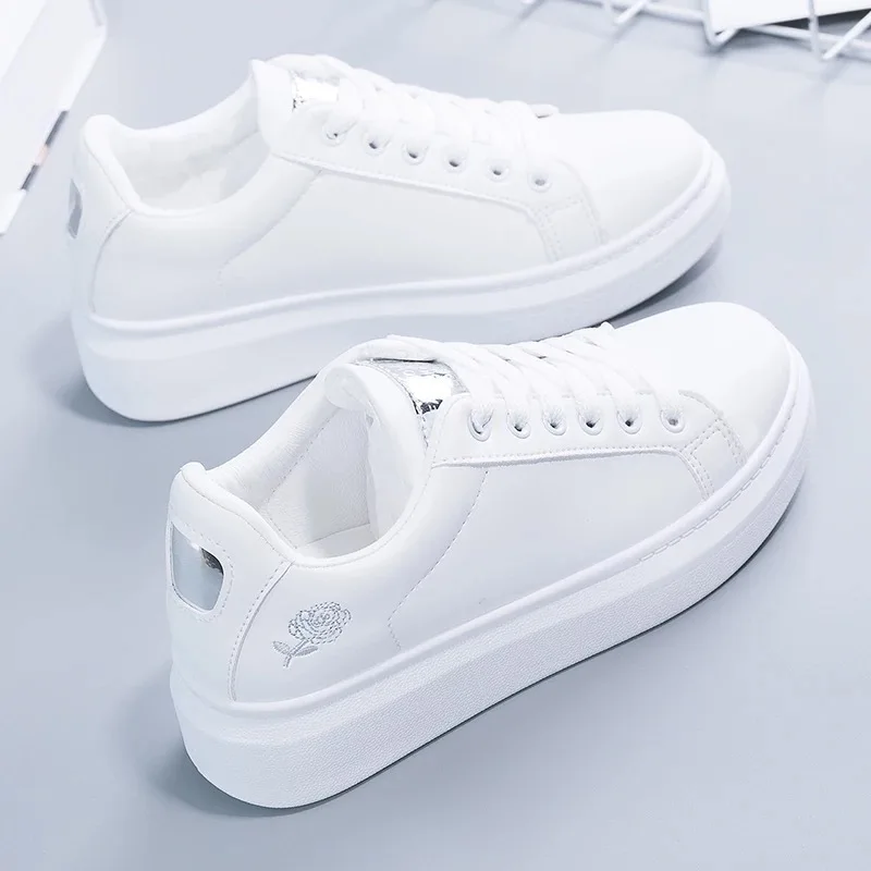 Zapatos blancos con cordones para mujer, Tenis femeninos de cuero