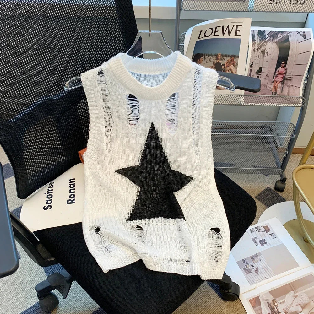 

Women's Hip Pop Ripped Knit Sleeveless Top Hollow-out Knit Cami Female Y2K Hot Girl Star Print O-Neck Knit Tank Top