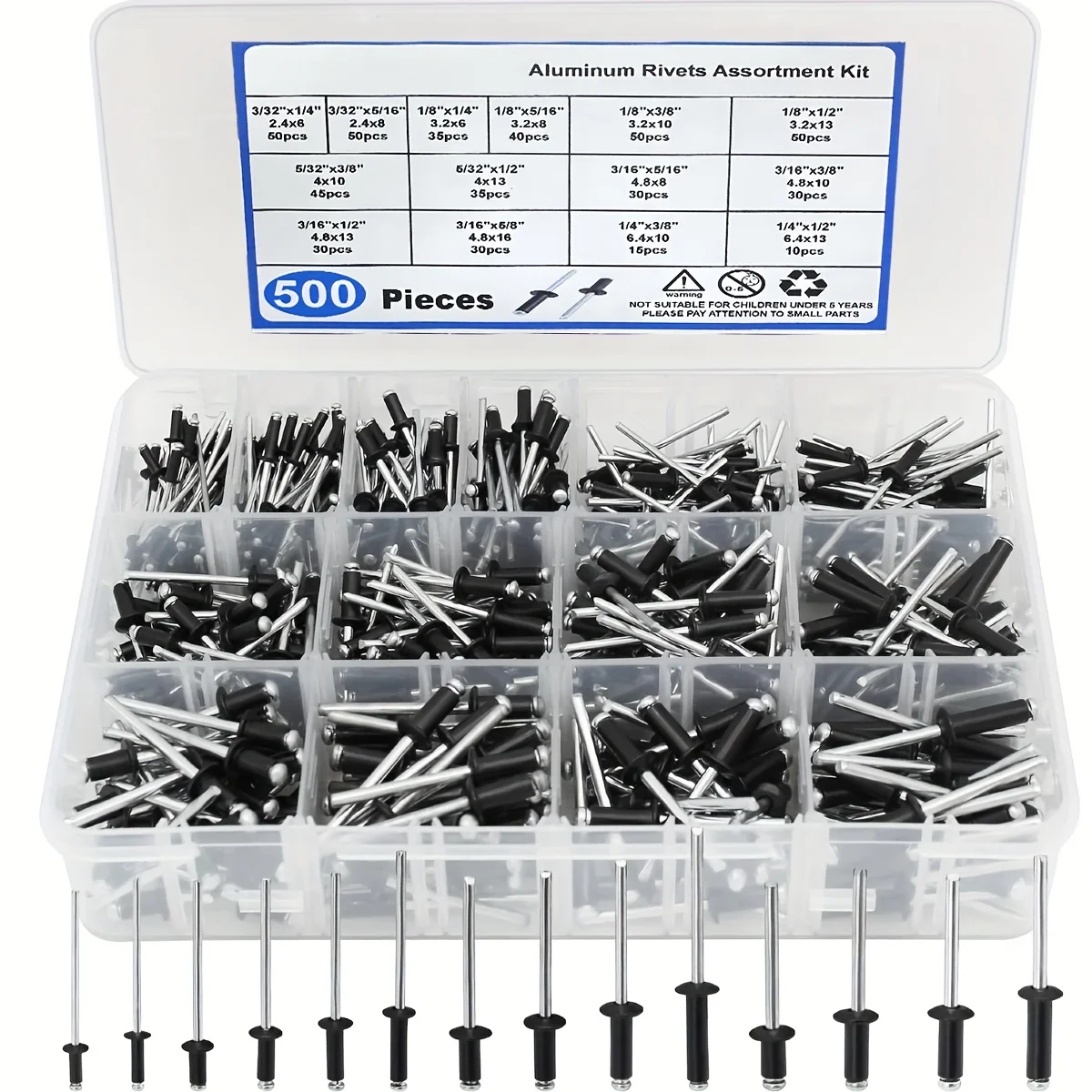 

Набор из 500 черных заклепок-попс, 14 размеров SAE, алюминиевые заклепки, ассорти глухих заклепок с разделителем и маркированным кейсом