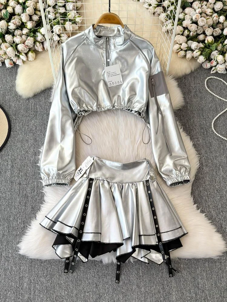 

Reflective Silver ort Jaet Skirt Set for Women Modern Dance Practice Performance Hip Hop Faionable Ensemble Zipper Clos...