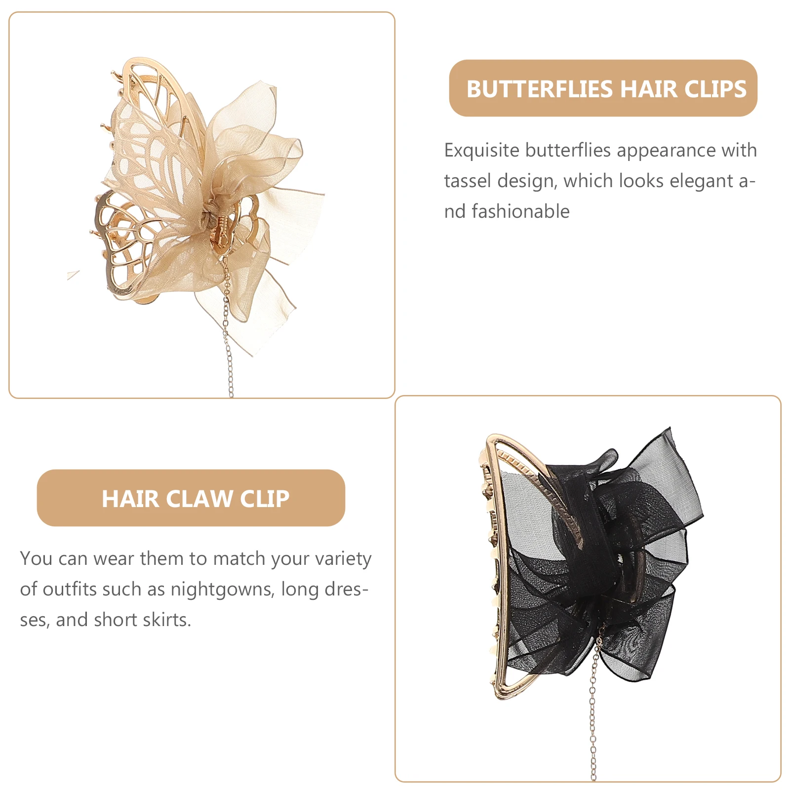 

4pcs Butterflies Clips Large Hair Claws Metal Claw Barrette Tassel Design Secure Grip Hair Jaw Clamp For Nightgowns Long Dresses