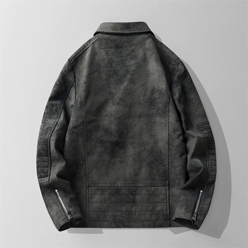New Mens Leather Jackets Solid Turn Down Collar Casual Slim Fit Motorcycle Pu Leather Jacket Men Multiple pockets Zipper Coat