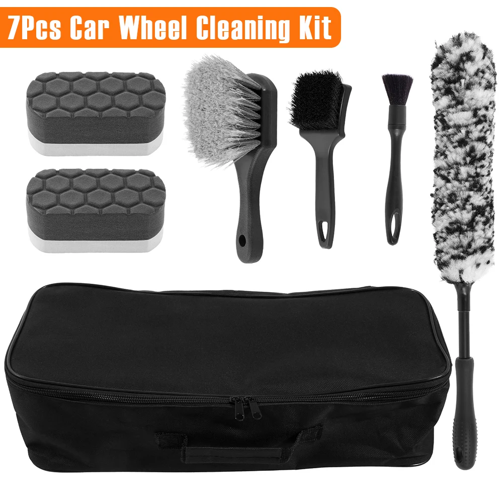 7Pcs Car Wheel Cleaning Kit Multiple Clean Tool with Storage Bag Soft Rim Brush Microfibre Flat Wheel Brush Sponge Detail Wiping
