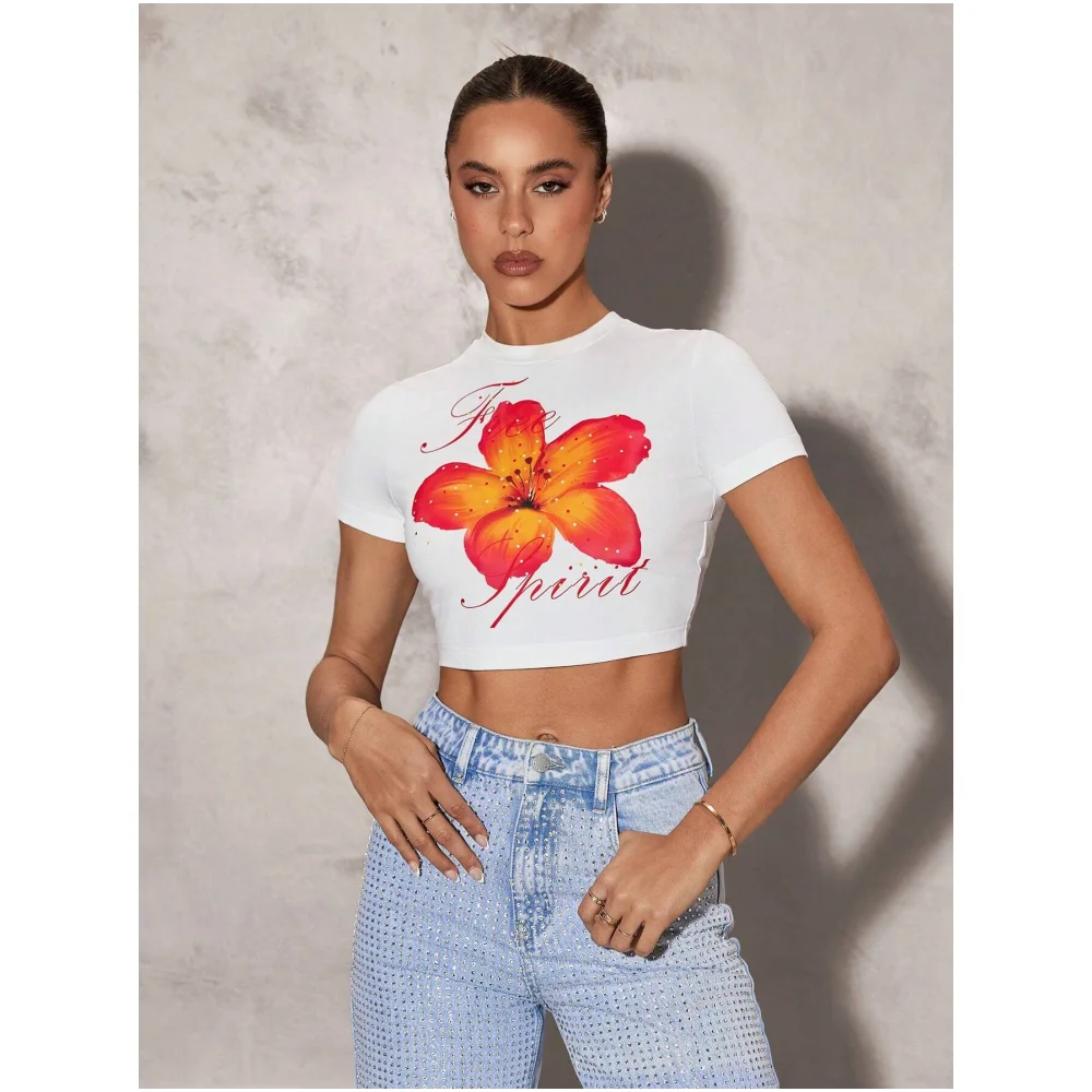 

Flowers Print Women's Slim T-Shirt Y2k Fashions Woman Sexy Clothing Imitation Cotton Female Short Tops Girl Round Neck Tshirts