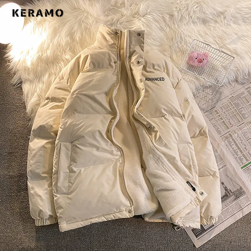 Fleece Thicken Letter Graphic Men and Women Winter Coat Unisex Oversize Parkas Korean Coat Warm Baggy Casual Jackets Feamle Y2K