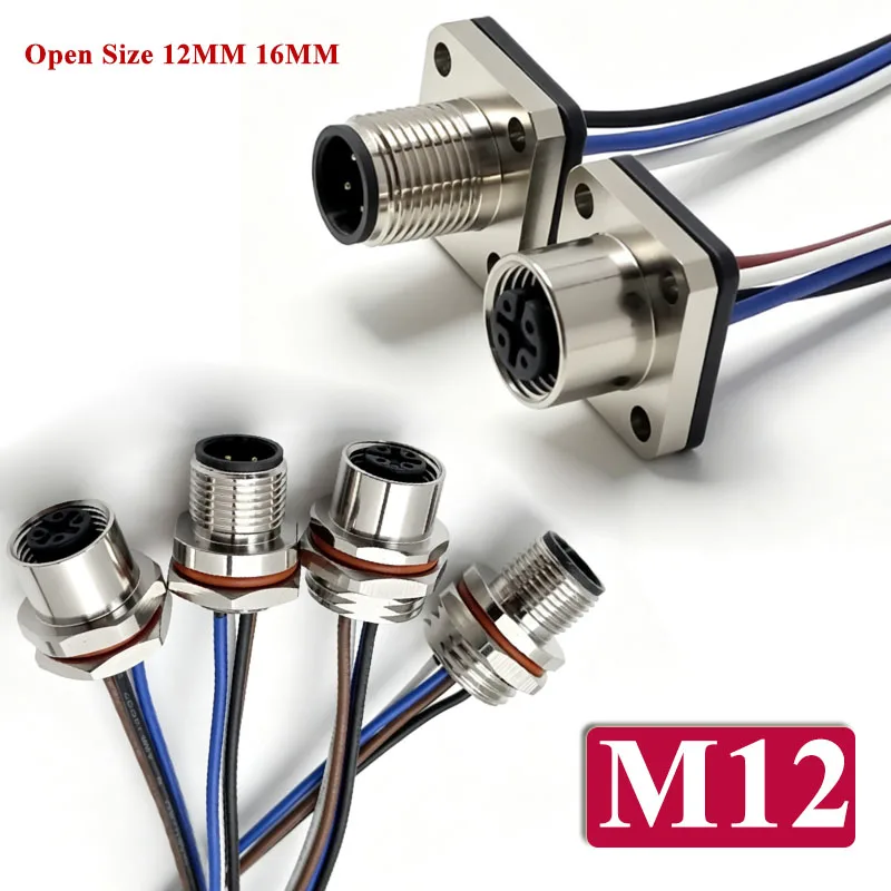 M12 A-type Waterproof Connector Cable 4pin 5pin 8pin Docking Male Female Scoket Line Open Size 12MM 16MM Aviation Plug with Wire