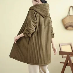 Autumn New Big Pocket Solid Color Padded Hooded Fashion Coat Plus Size Women's Joker Long Light Thin Cotton-Padded Coat