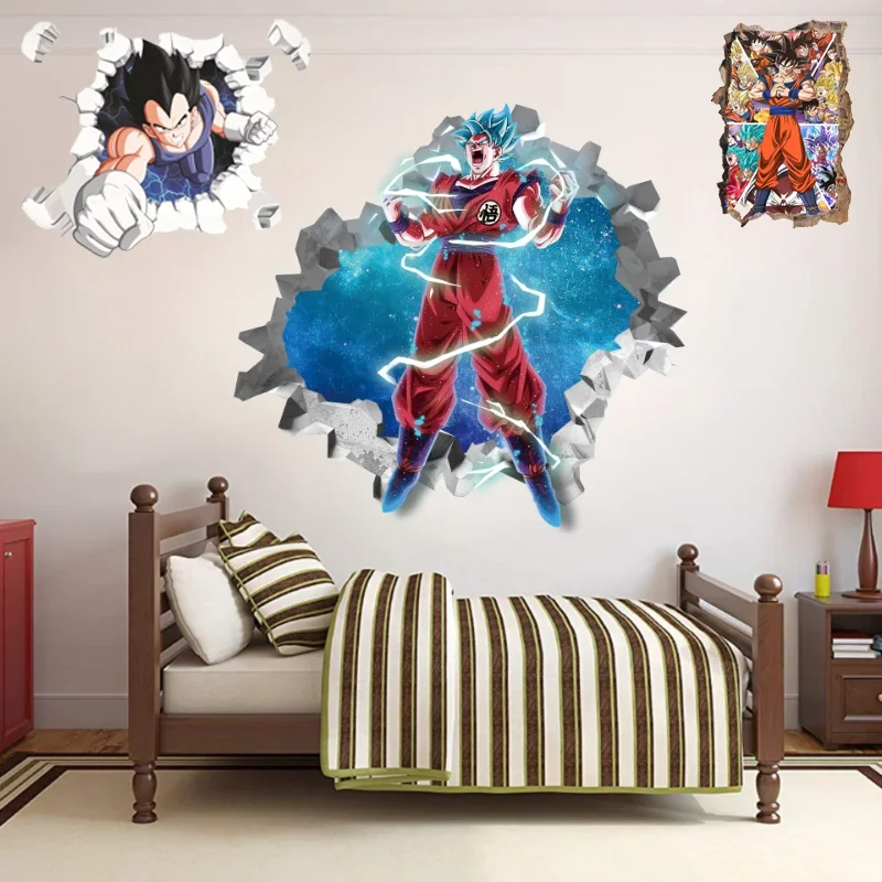 Pegatina de pared de Goku de Dragon Ball Z, Saiyans 3D realista, decoración de pared rota, pintura de dibujos animados para habitación de niños,