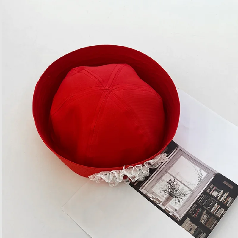 Japanese Cute Spice Girl Style Lace Cherry Berets Caps Y2k Summer and Autumn Thin Sweet Versatile Flipped Brim Sailor Hats Women