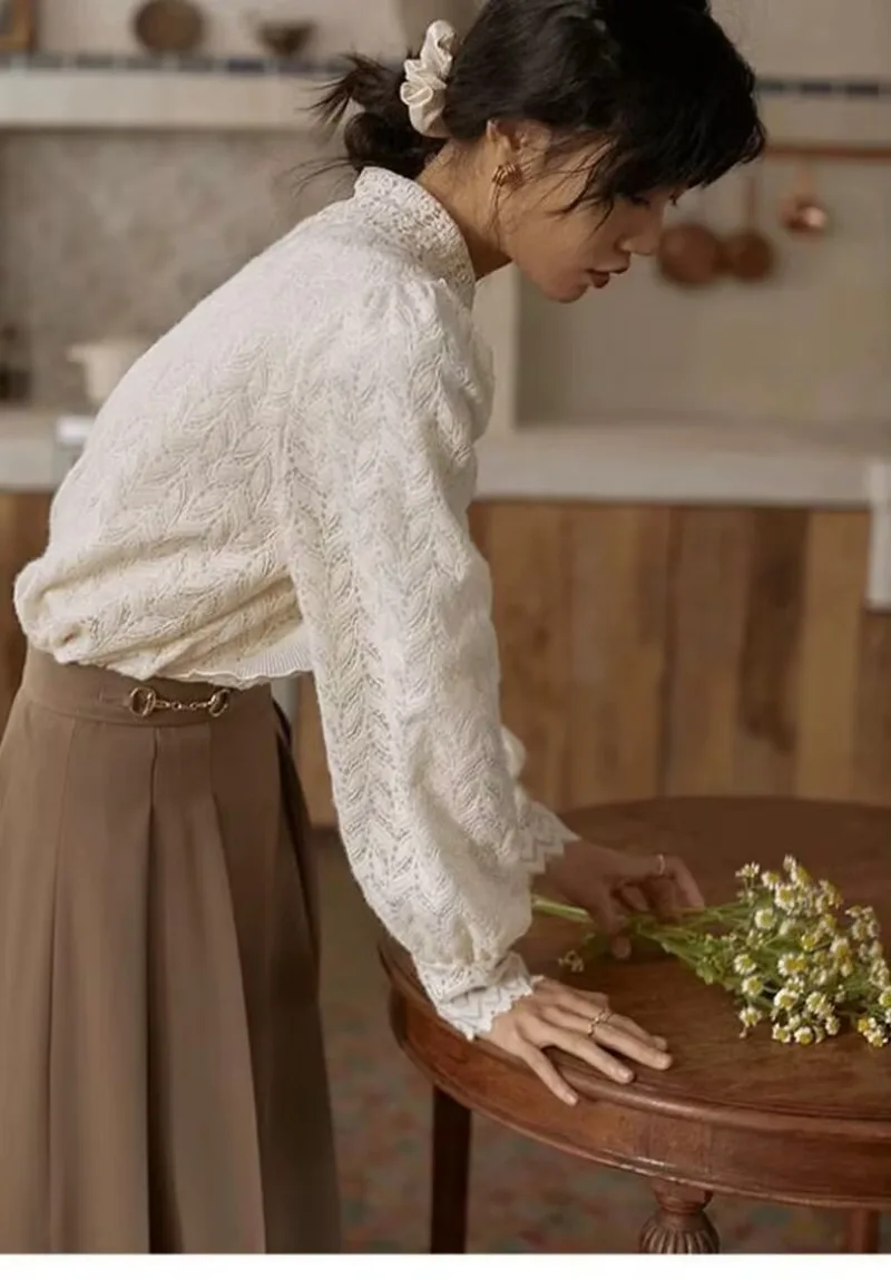 Vintage Elegant Lace Shirts Spring Autumn Women Sweet Long Sleeve Pearl Button Embroidery Blouses Office Lady Chic Ruffles Tops