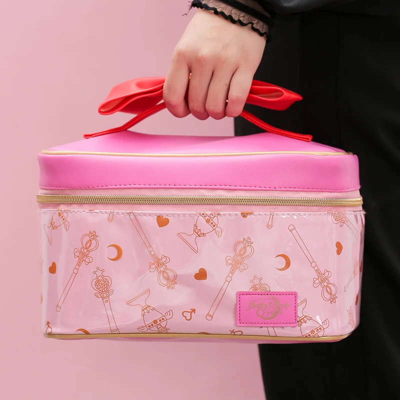 Makeup Bag For Women Girl Portable Cartoon Crystal Moon Cute Bowtie Handle , Large Capacity Storage Bag Travel Tool Handbag