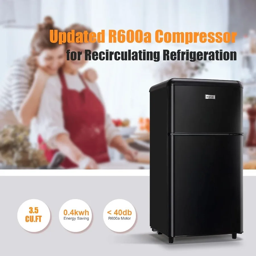 ثلاجة صغيرة مدمجة ببابين 3.5 قدم مكعب مع أرفف زجاجية قابلة للتعديل، تصميم كلاسيكي قديم مثالي لغرف النوم والكراجات المكتبية