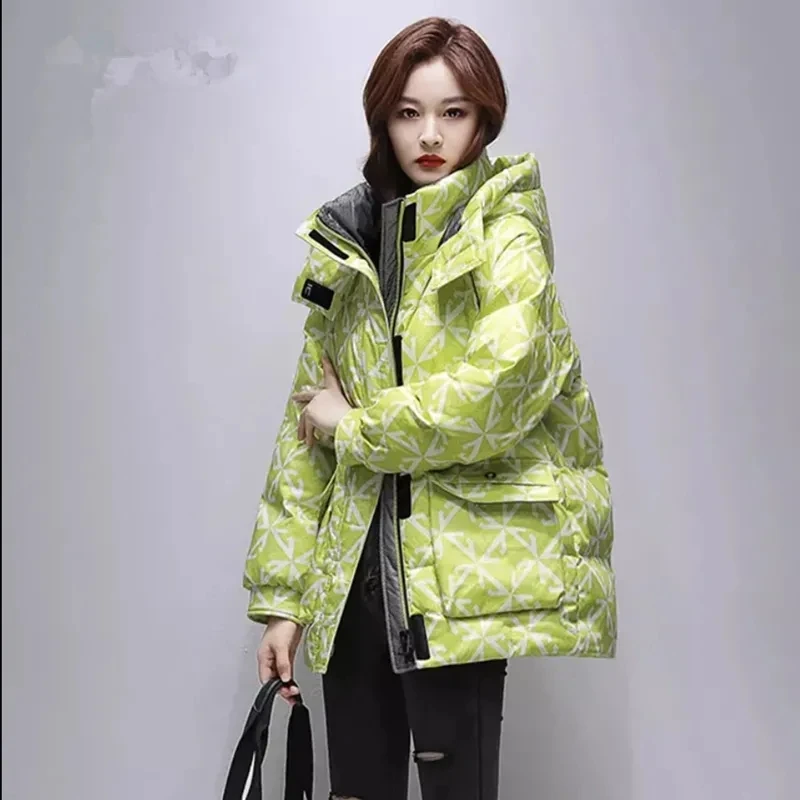 Winter Jacket Womens Warm Parkas 2024 New Medium Length Don Cotton Coat Female Hooded Printing Thicken Womens Jackets