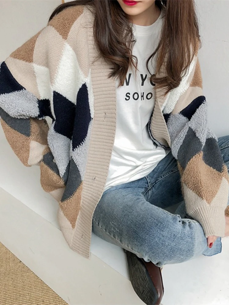 

2024 Plaid Chic Cardigans Button Puff Sleeve Checkered Oversized Women's Sweaters Winter Spring Sweater Tops