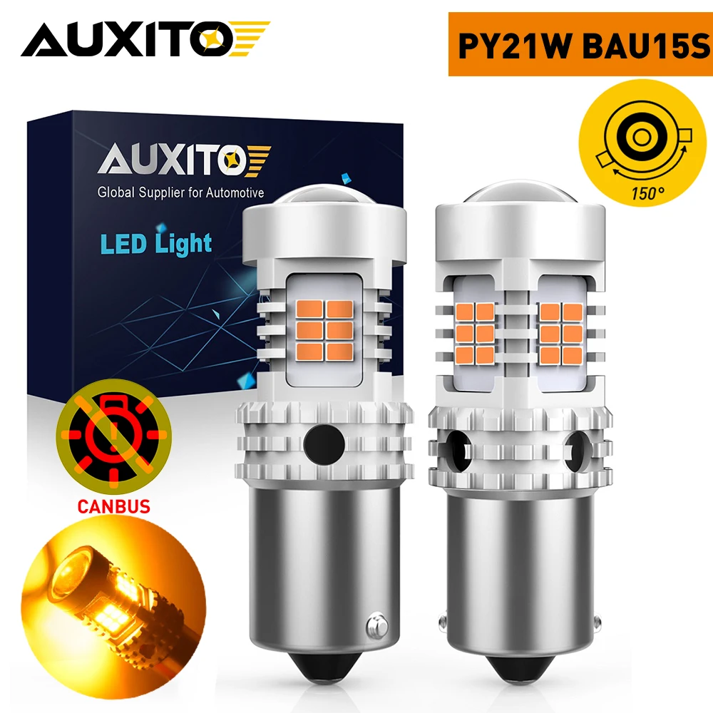 AUXITO 2szt PY21W BAU15S LED pomarańczowy Canbus bez hiperlampa błyskowa do BMW 2 3 Mazda Nissan 1156 BA15S kierunkowskaz bursztynowy żarówki samochodowe