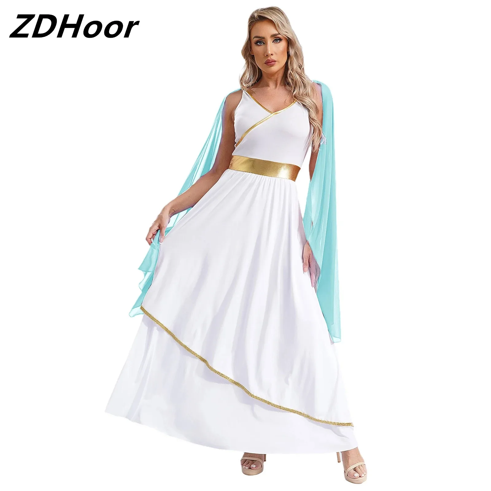 

Womens Queen Cosplay Dress Ancient Greek Halloween Cosplay Costumes V Neck Sleeveless Gold Trims Toga Greece Roman Dress