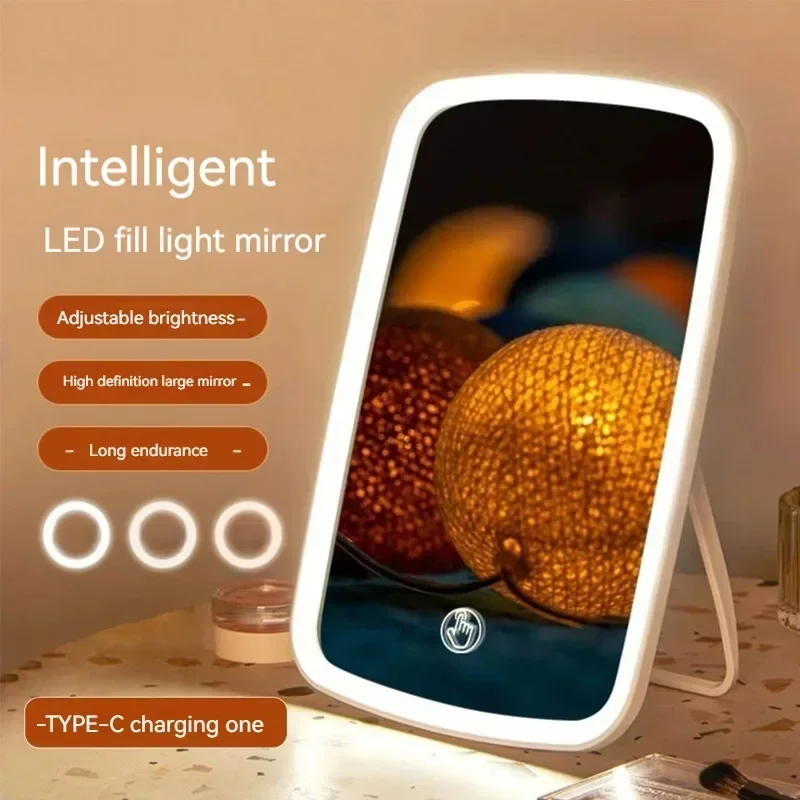 Miroir de maquillage portable avec lumière LED, écran tactile, lumière de vanité 3 couleurs, miroir en spanMirror pliant, outils de beauté à domicile