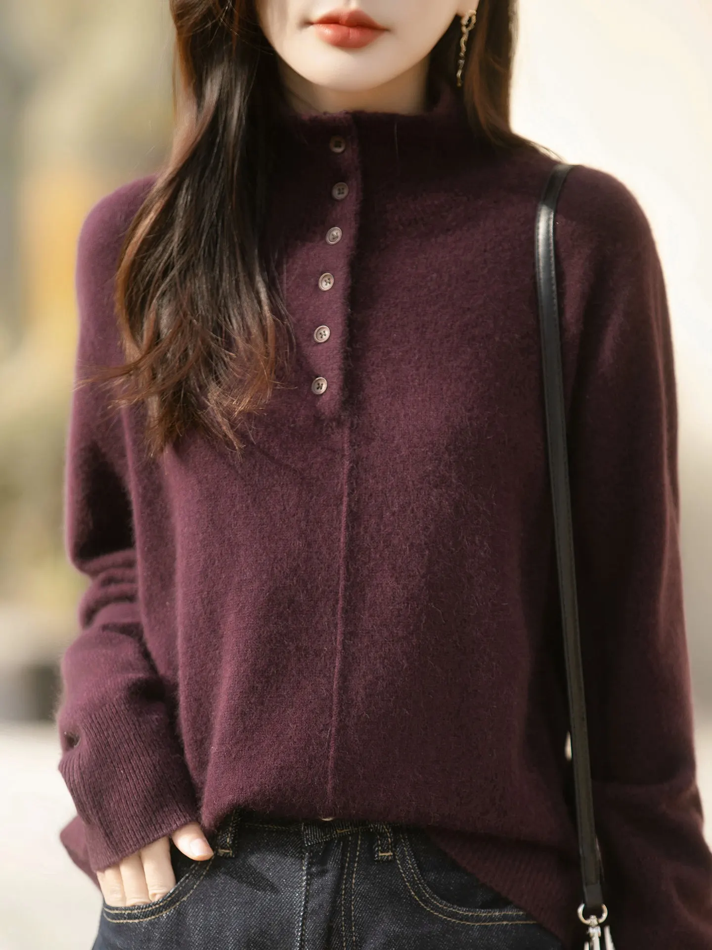 

Autumn Winter Women's Knitted Sweater Casual Loose Fit Soft Fabric Long Sve Button Design f High Collar Slimming Base S...