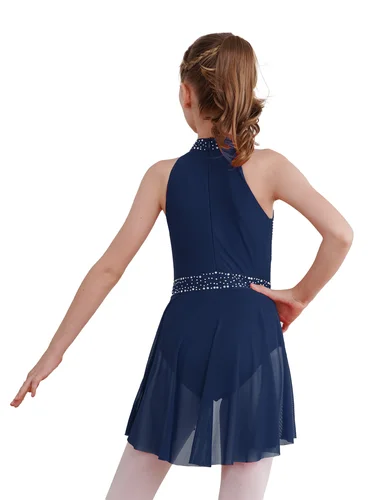 Imagen 2 del producto Disfraz de baile lírico con diamantes de imitación brillantes para niñas, vestido de leotardo sin mangas, patinaje sobre hielo, vestidos de actuación en escenario