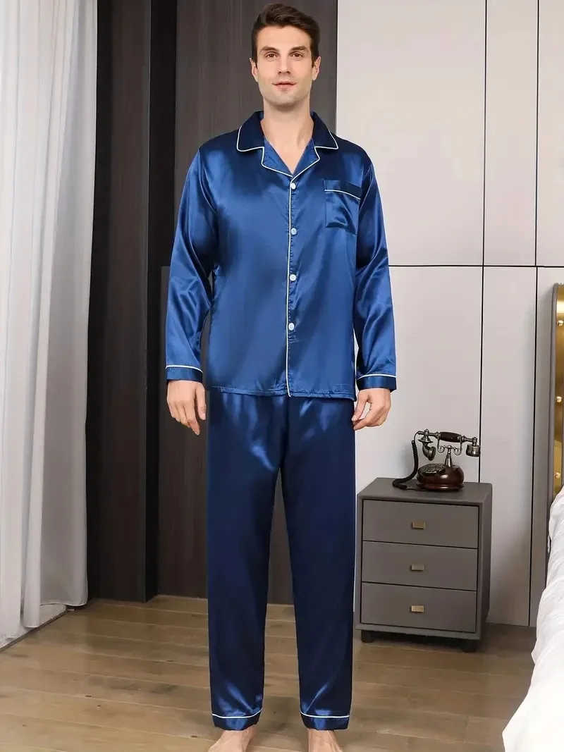 New Men Pajamas Set Silk Satin Sleepwear For Man Shirt Long Sleeve Pijama Male Fashion Soft Loungewear Big Size Spring Nightwear