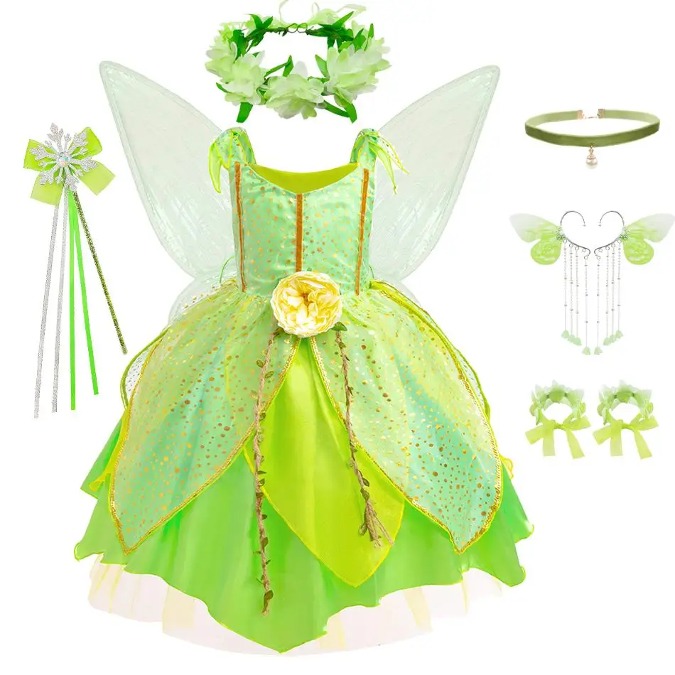 

Girls Green Fairy Costume Leaf Dress Elf Wings Flower Wreath Magic Wand and Jewelry for Halloween Cosplay Party Birthday Gift